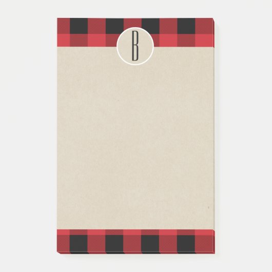 Rot-schwarzes Karo-Kraftpapier rustikale Monogramm Post-it Klebezettel (Vorderseite)