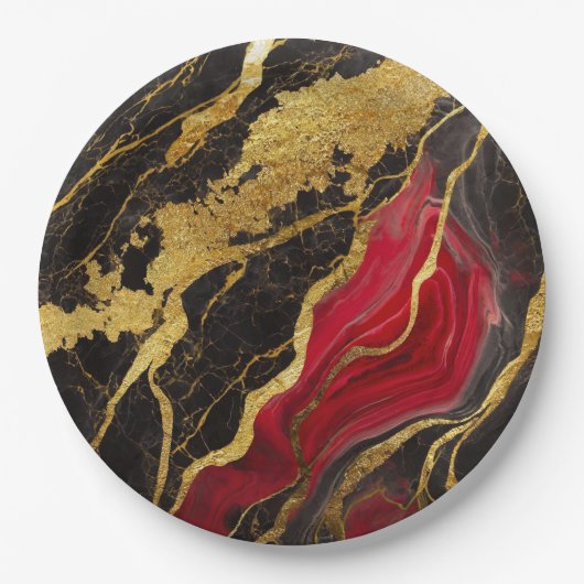 Rot-schwarzes Marmormuster mit Gold Pappteller (Vorderseite)