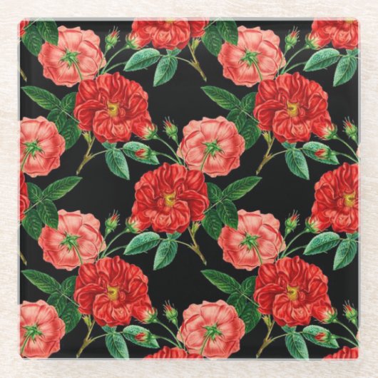 Rot-Schwarzes Vintage-Rosenmuster Glasuntersetzer (Vorderseite)