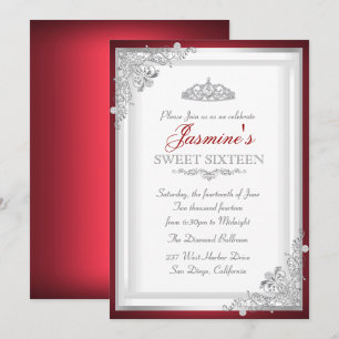 Rot Silber Damast Tiara Sweet 16 Einladung