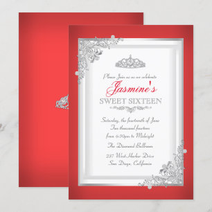Rot Silber Damast Tiara Sweet 16 Geburtstag Einladung