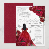 Rot & Silber Floral Quinceanera Geburtstag Einladu Einladung (Vorne/Hinten)