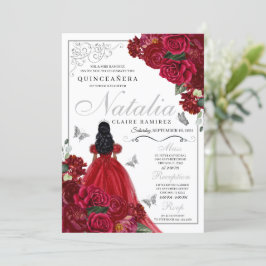 Rot & Silber Floral Quinceanera Geburtstag Einladu Einladung