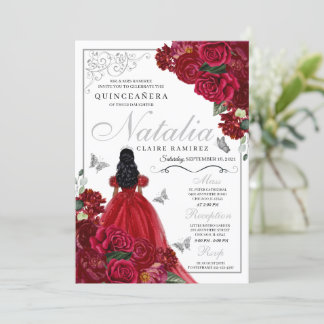 Rot & Silber Floral Quinceanera Geburtstag Einladu Einladung