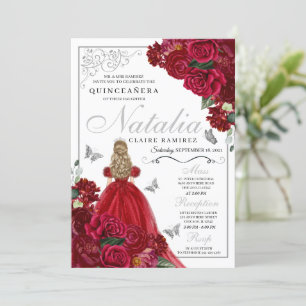 Rot & Silber Floral Quinceanera Geburtstag Einladu Einladung