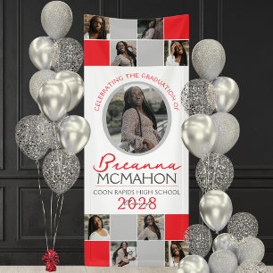Rot & Silber Grau 9 Foto Collage Abschluss Vinyl Banner