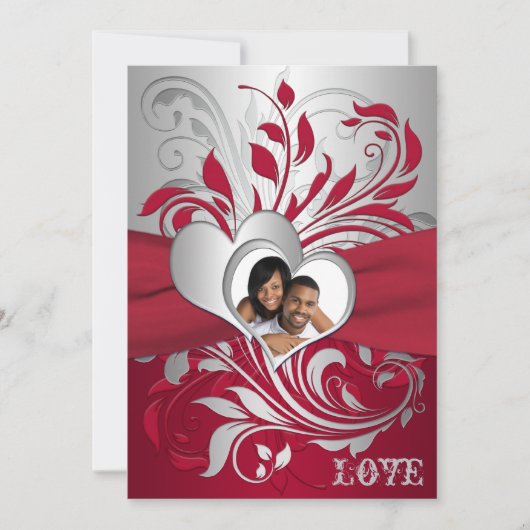 Rot, Silber Scrolls, Herz-Foto Hochzeitsempfang Einladung (Vorderseite)