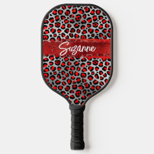 Rot Silber und Schwarz Folie Leopard Pinselstriche Pickleball Schläger