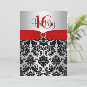 Rot, Silber und Schwarzer Damast Sweet 16 Einladun Einladung (Stehend Vorderseite)