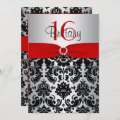 Rot, Silber und Schwarzer Damast Sweet 16 Einladun Einladung (Vorne/Hinten)
