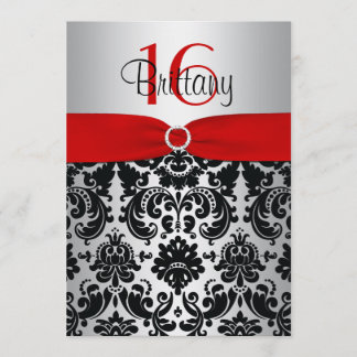 Rot, Silber und Schwarzer Damast Sweet 16 Einladun Einladung