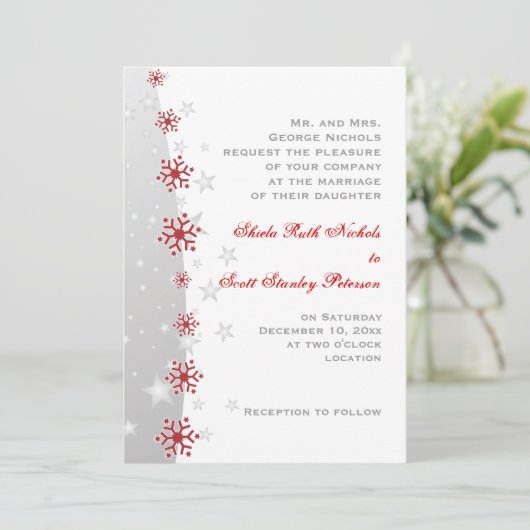 Rot-Silber-Weiß-Schneeflocke Hochzeitseinladung Einladung (Stehend Vorderseite)