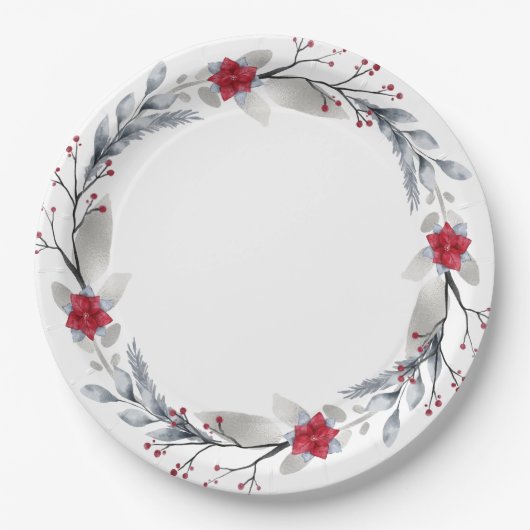 Rot, Silberfrohe Weihnachtswüste Pappteller (Vorderseite)