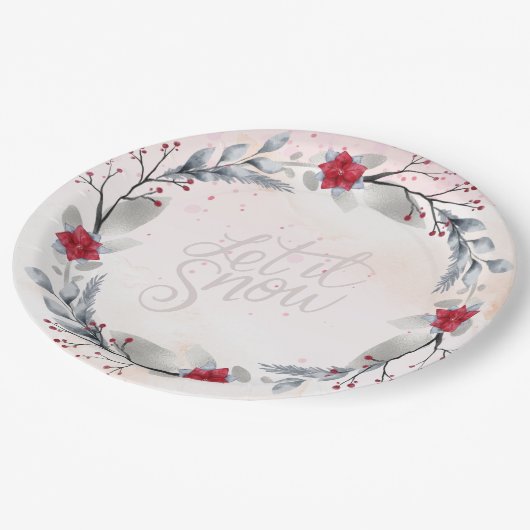 Rot, Silberfrohe Weihnachtswüste Pappteller (Schrägansicht)