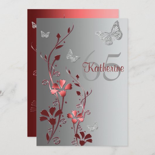 Rot, silberne Blumen u. Einladung der (Vorne/Hinten)