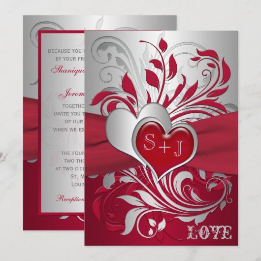 Rot, silberne Rollen, Herzen, die Einladung (Vorne/Hinten)