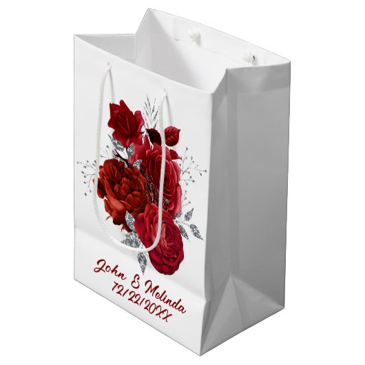 Rot silberne Rose mit Namensdatum Mittlere Geschenktüte (Vorderseite Schrägansicht)