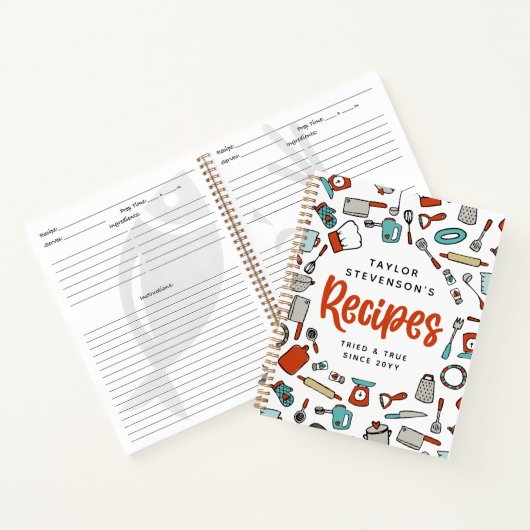 Rot Türkis handgezogene Kochutensilien Rezepte Notizblock (Innenseite)