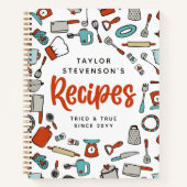 Rot Türkis handgezogene Kochutensilien Rezepte Notizblock (Vorderseite)