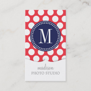Rot u. Navy große Polka-Punkte mit Monogramm Visitenkarte