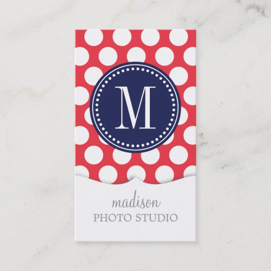 Rot u. Navy| große Polka-Punkte mit Monogramm Visitenkarte (Vorderseite)