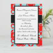 Rot und Aqua schöne formale Damast Einladung (Stehend Vorderseite)