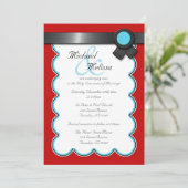 Rot und Aquamarin, Schwarze Hochzeitsfeiern Einladung (Stehend Vorderseite)