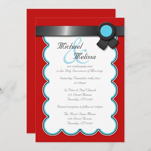 Rot und Aquamarin, Schwarze Hochzeitsfeiern Einladung (Vorne/Hinten)