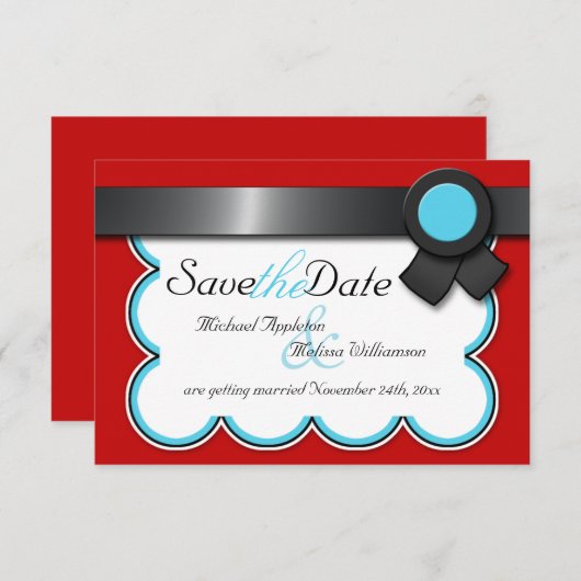 Rot und Aquamarin, schwarzes Band Save the Date Einladung (Vorne/Hinten)