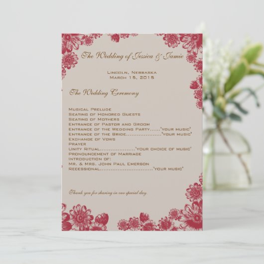 Rot- und Beige-Daisy-Hochzeitsprogramm Programm (Stehend Vorderseite)