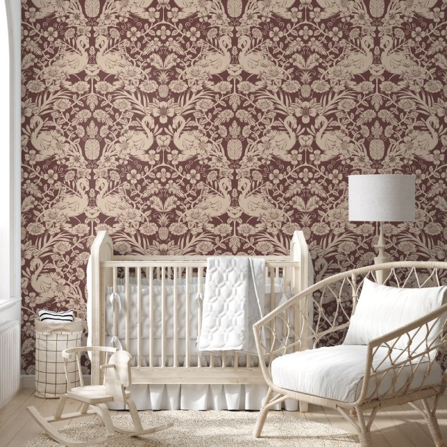 Rot und Beige Flamingo Floral Damask Tapete (Kinder)