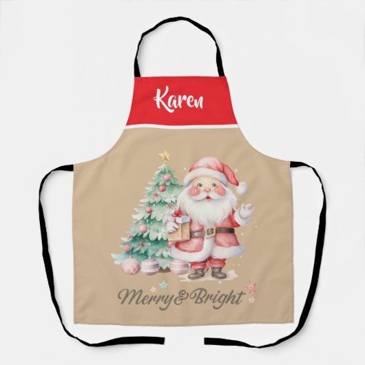 Rot und Beige Merry & Bright Drehbuch Santa Claus Schürze (Vorderseite)