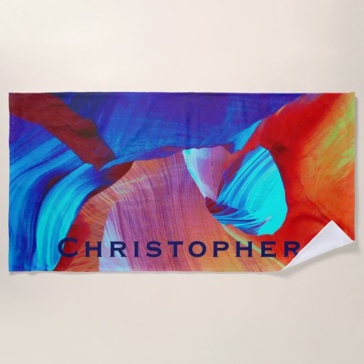 Rot und Blau Abstrakt mit blauem Namen Strandtuch (Vorderseite)