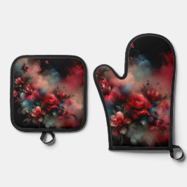 Rot und Blau Blüten Abstrakt auf schwarzem Hinterg Ofenhandschuh & Topflappen-Set