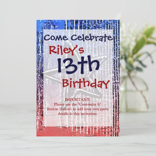 Rot und Blau Cool Rustikale Star Pop Kunst drucken Einladung (Stehend Vorderseite)