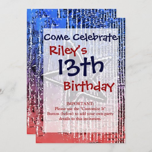 Rot und Blau Cool Rustikale Star Pop Kunst drucken Einladung (Vorne/Hinten)