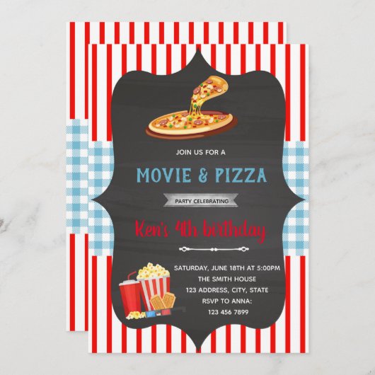 Rot und Blau Gingham Pizza Motto Einladung (Vorne/Hinten)