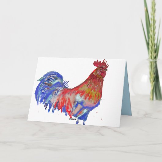 Rot und Blau Rooster Wasserfarben Hühnchen Geburts Karte (Rückseite)
