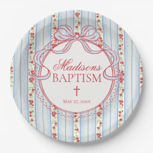 Rot und Blau Vintage Fancy Floral Taufe Pappteller