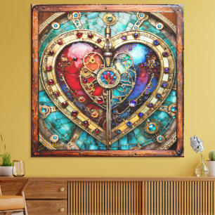 Rot- und Blauglas-Herz Steampunk-Serie Leinwanddruck