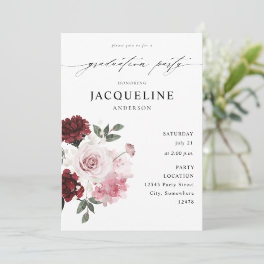 Rot- und Blütenrosa-Blütenschülerparty Einladung (Stehend Vorderseite)