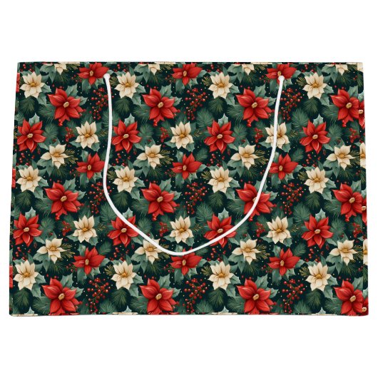 Rot und Creme Poinsettias mit Berries Große Geschenktüte (Vorderseite)