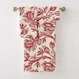 Rot und Creme Tulips Toile - französisches Landdek Badhandtuch Set