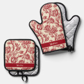 Rot und Creme Tulips Toile - französisches Landdek Ofenhandschuh & Topflappen-Set (Vorderseite/Rückseite)