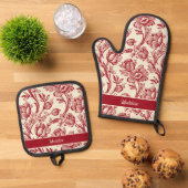 Rot und Creme Tulips Toile - französisches Landdek Ofenhandschuh & Topflappen-Set (Oben Unten)