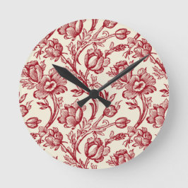 Rot und Creme Tulips Toile - französisches Landdek Runde Wanduhr