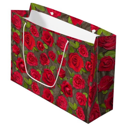 Rot und dunkelrosa florale Rosenmuster Große Geschenktüte (Vorderseite Schrägansicht)