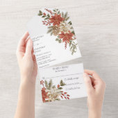 Rot und Elfenbein Poinsettias mit Kiefern All In One Einladung (Abreißen)