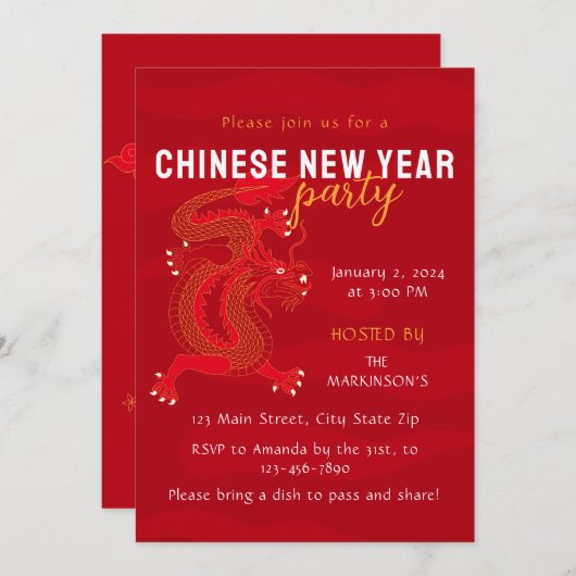 Rot und Gelb 2024 Dragon Chinesisch Neues Jahr Einladung (Vorne/Hinten)