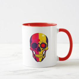 Rot und gelb gefärbter Schädel mit Pop-Art. Tasse
